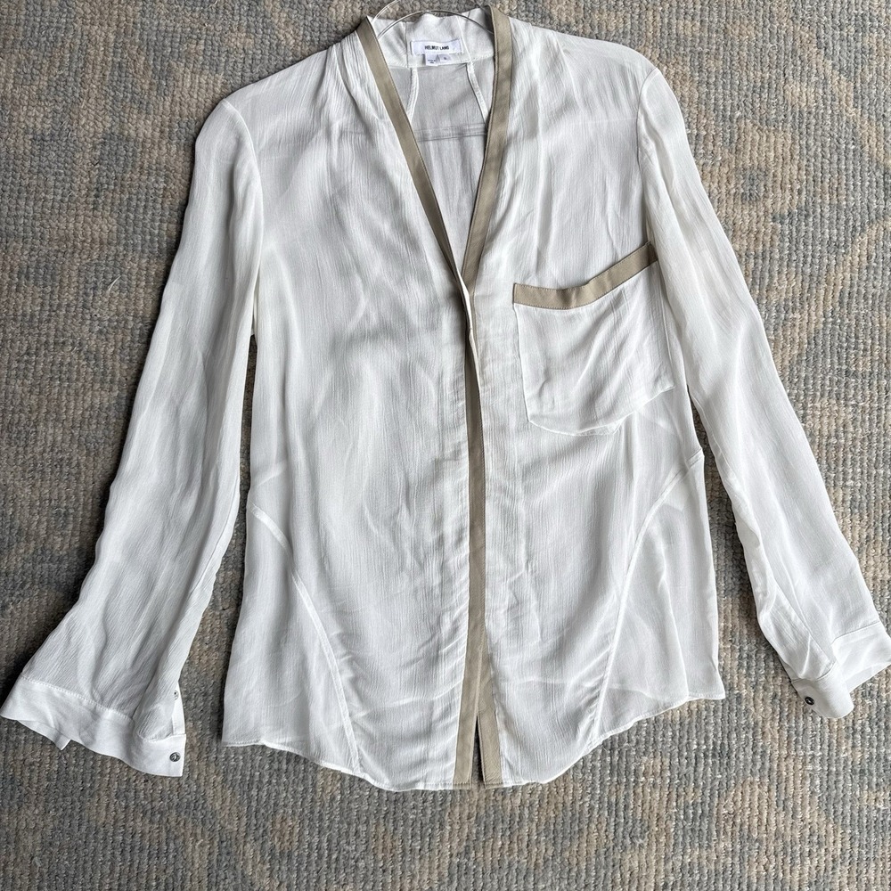Helmut Lang Viscose Leather Trim Blouse Women's Small White Top $445